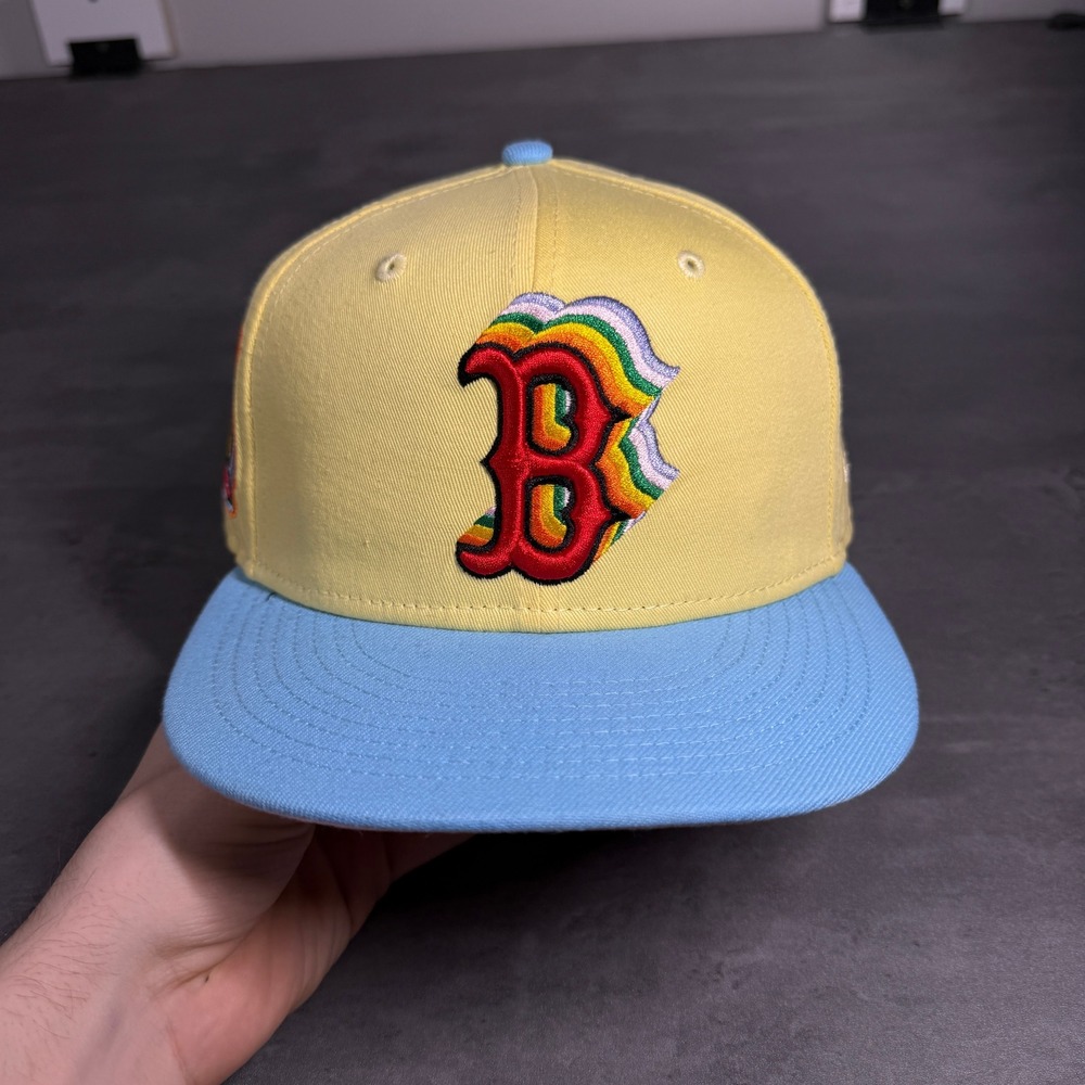 New Era Boston Red Sox Fitted Hat Mens 7 5/8 Yellow Blue Bad Bunny Pink UV Cap - Picture 2 of 8